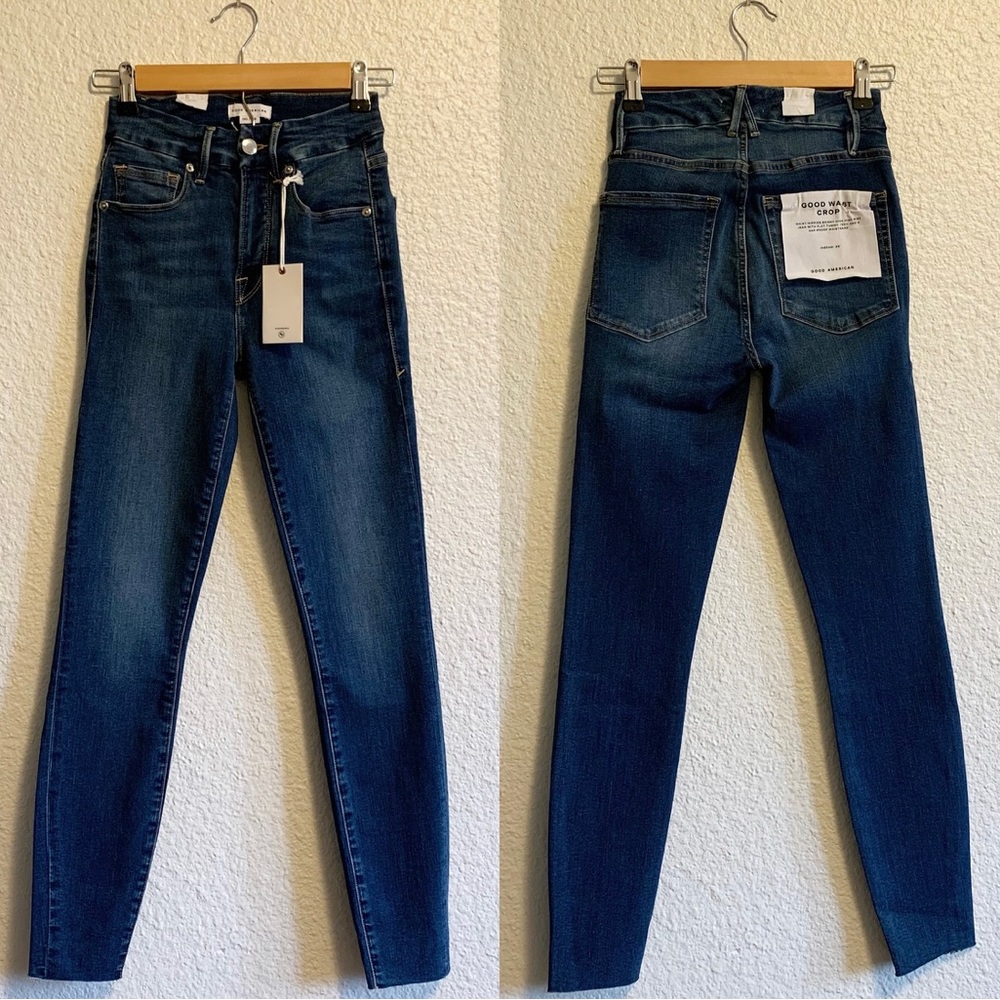 Good American Good Waist Crop Dark Wash High Waist Raw Hem Skinny Jeans Size 24